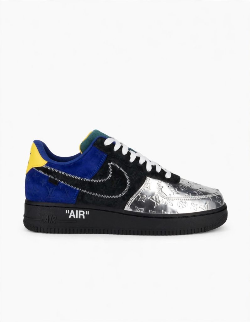 Louis Vuitton x Nike Air Force 1 Low "Black Metallic Silver" for sale — standing shot