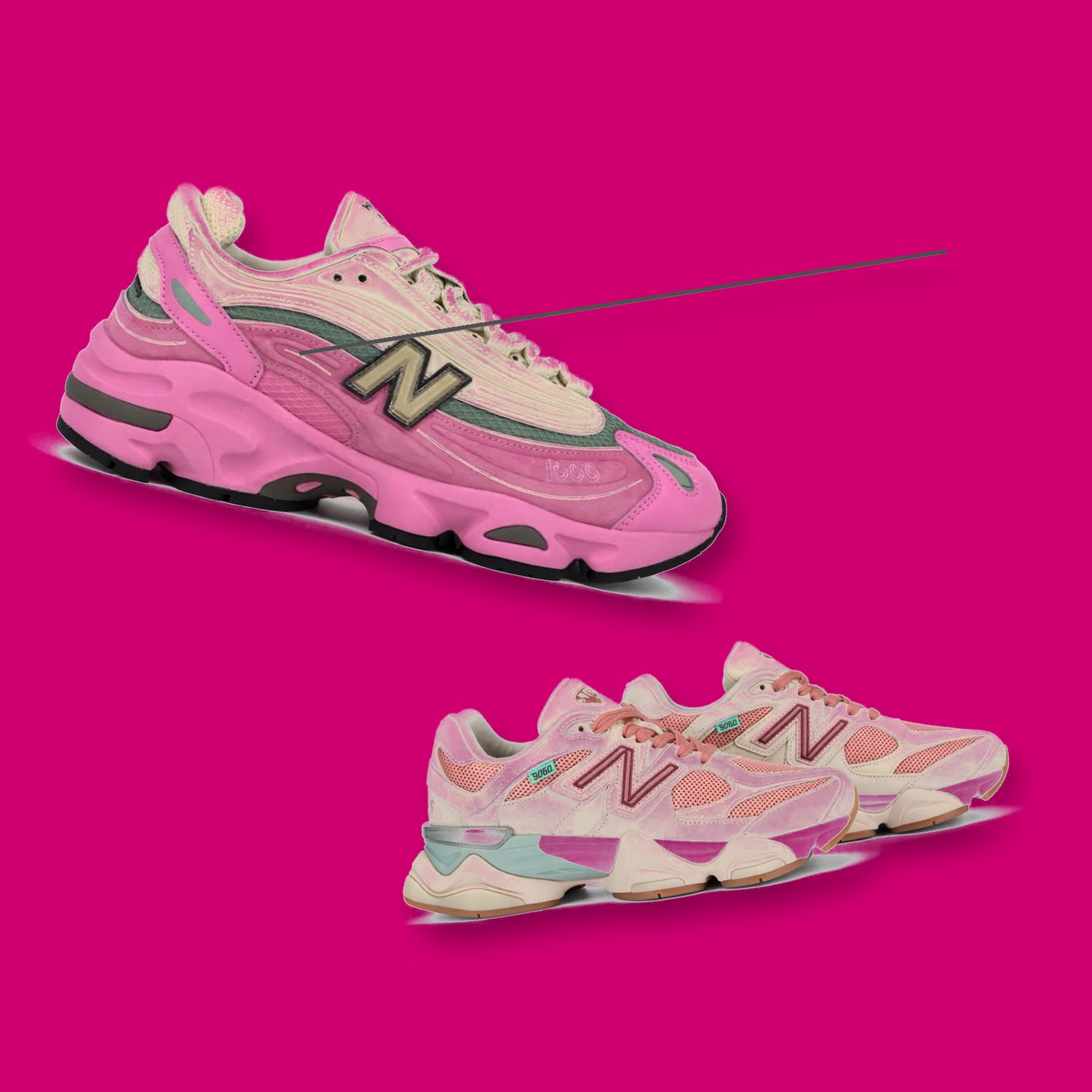 New Balance 1000 Pink/Tan and Joe Freshgoods NB 9060 Penny Cookie Pink sneakers on a hot pink background
